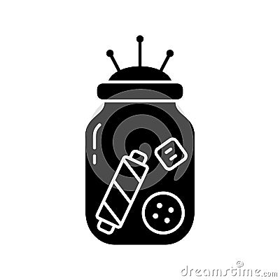 Silhouette Glass jar with sewing accessories. Reuse of bottle for storing threads, buttons, pins. Outline handmade icon. Black Vector Illustration