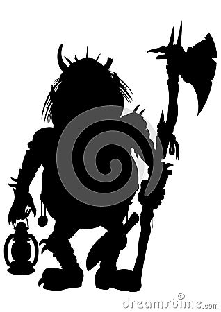 Silhouette Goblin with an axe and a lantern Stock Photo