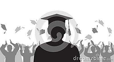 Silhouette graduate on background of cheerful group people throwing mortarboard. Graduation ceremony. Vector illustration Vector Illustration