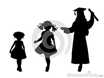 Silhouette of graduate growing up. Baby girl young woman Vector Illustration