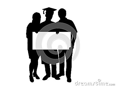 Silhouette graduate with parents holding poster banner placard blank white sheet for text space Vector Illustration