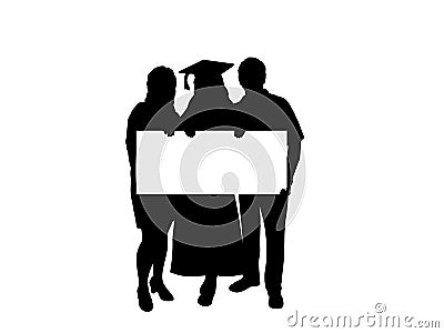 Silhouette graduate with parents holding poster banner placard blank white sheet for text space Vector Illustration