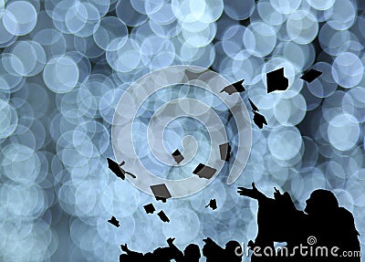 Silhouette of Graduate Students throw mortarboards in university graduation success ceremony. Congratulation on Education Succes Stock Photo
