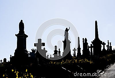 Silhouette of graveyard, the image shows many tombstone. Stock Photo