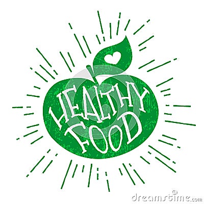 Silhouette of a green apple with heart and lettering text Healthy Food. Vector color label Vector Illustration