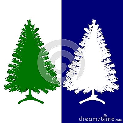 Silhouette of green and white, Christmas tree, on a blue and white background, Vector Illustration