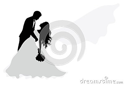 Silhouette of a groom holding his bride. The veil of the bride is flying. Vector Illustration