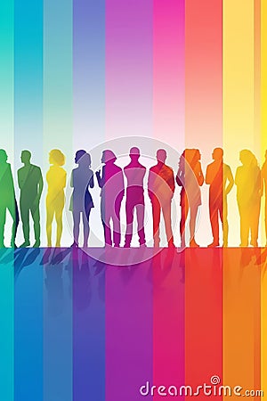 Silhouette group of adult people transgender men and women with rainbow colors. Generative AI Stock Photo