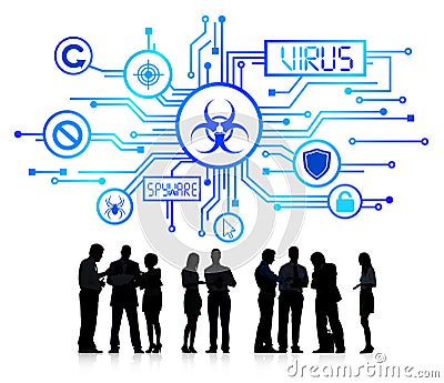 Silhouette Group of Business People with Virus Concept Stock Photo