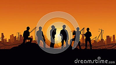 Silhouette of a Group of Construction Workers doing happy Work poses wearing safety guards and plastic helmets. flat vector Cartoon Illustration