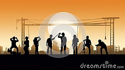 Silhouette of a Group of Construction Workers doing happy Work poses wearing safety guards and plastic helmets. flat vector Cartoon Illustration