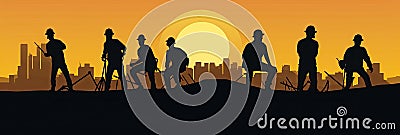 Silhouette of a Group of Construction Workers doing happy Work poses wearing safety guards and plastic helmets. flat vector Cartoon Illustration