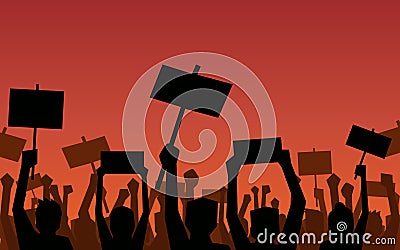 Silhouette group of protesters people Raised Fist and signs in flat icon design on red color background Vector Illustration