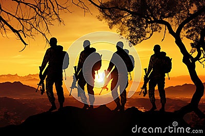 Silhouette of a group of soldiers standing on top of a mountain during sunset Stock Photo