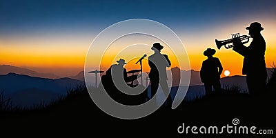 Silhouette of a group of three folksong musicians playing music in the grassland with the morning sun on top of a mountain Cartoon Illustration