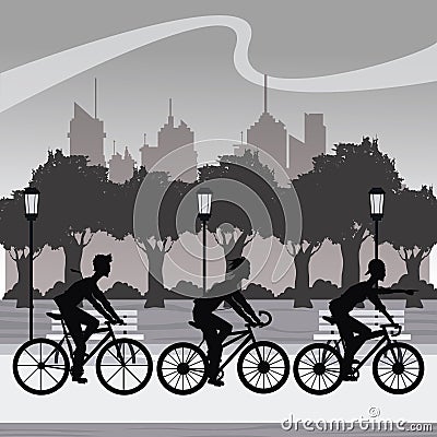Silhouette group younger riding bicycle park city background Vector Illustration