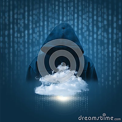 Silhouette of a hacker on the background of data cloud. Stock Photo
