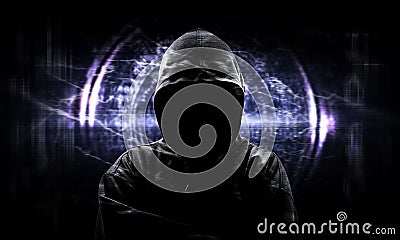 Silhouette of a hacker binary codes Stock Photo