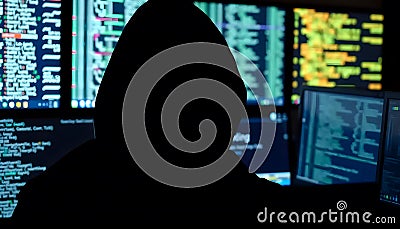 silhouette of a hacker in a dark room full of computers hacking Stock Photo