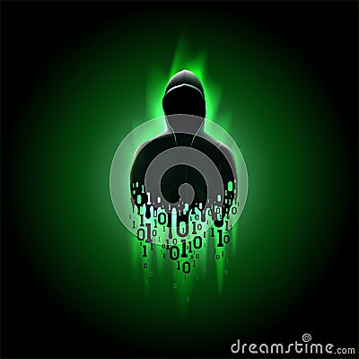 Silhouette of a hacker with binary code on a green background, hacking of a computer system, theft of data Vector Illustration