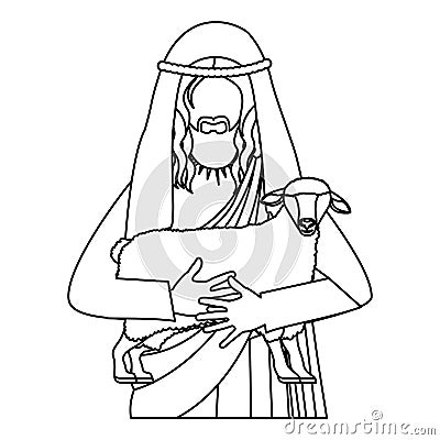 Silhouette half body jesus carrying a sheep Vector Illustration