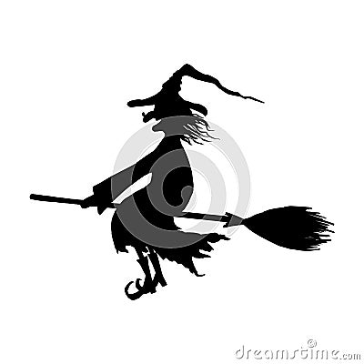 Silhouette of halloween smiling wicked witch on broomstick Vector Illustration