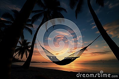 Silhouette of hammock strung between two swaying palm trees. Generative AI Stock Photo