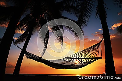 Silhouette of hammock strung between two swaying palm trees. Generative AI Stock Photo