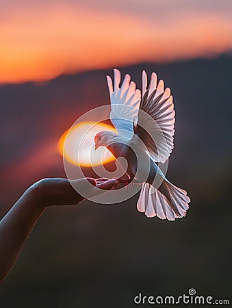 The silhouette of a hand and a dove are set against a twilight sky, the bird in mid-flight. The image captures a moment Stock Photo