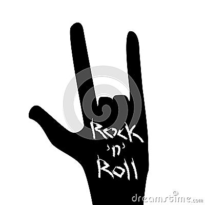 Silhouette of hand showing a rock sign and text of rock-n-roll. Vector illustration. Vector Illustration