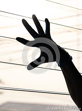 Silhouette Hand Wearing Blue Gloves With Light Louvers Stock Photo