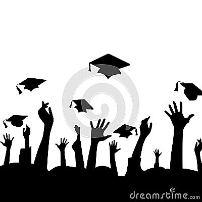 Silhouette of hands in the air and graduation hats Vector Illustration