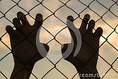 Silhouette of hands behind border or fence at sunset Stock Photo