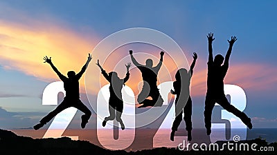 Silhouette happy business teamwork jumping congratulation and celebrate in Happy New year 2023 for change new life future concept. Stock Photo