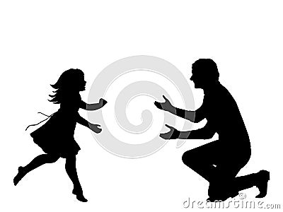 Silhouette of happy girl running to meet her father Vector Illustration