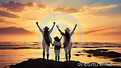 Silhouette of happy travelers raising arms up enjoying life Stock Photo