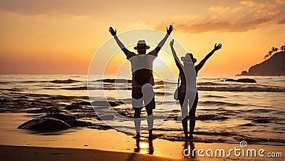 Silhouette of happy travellers raising arms up enjoying life on the beach at sunset Stock Photo