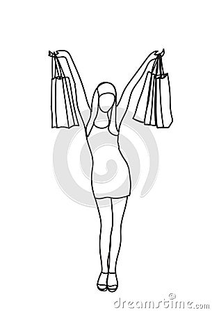Silhouette Happy Woman Holding Shopping Bags Isolated Doodle Cheerful Female Sales Concept Vector Illustration