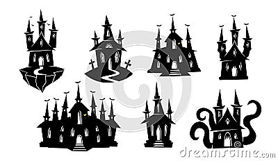 Silhouette of haunted house, ghost mansion, castle. Black silhouettes of Halloween creepy mansions set Vector Illustration