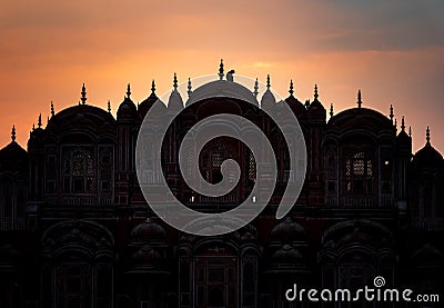 Silhouette of Hawa Mahal palace with monkey at the top, Jaipur, Rajasthan, India Stock Photo