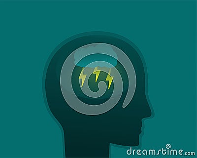 Silhouette head with cloud and lightning. Psychology or psychotherapy concept. Angry, depression or negative thought. Vector Illustration