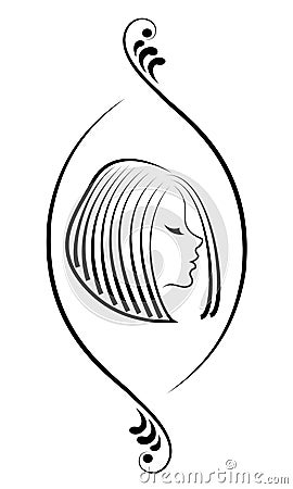 Silhouette of a head of a cute lady in a creative frame. A girl shows her hair on medium and short hair. Suitable for logo, Cartoon Illustration