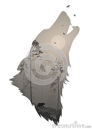 Silhouette of the head of the howling wolf Vector Illustration