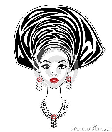 Silhouette of a head of a sweet lady. A bright shawl and a turban are tied on the head of an African-American girl. The woman is Vector Illustration