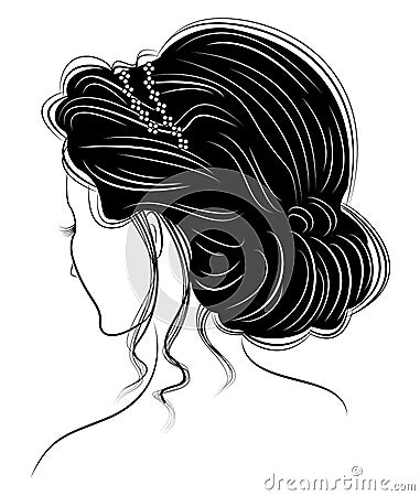 Silhouette of a head of a sweet lady. The girl shows a Greek hairstyle for long and medium hair. The woman is beautiful and Cartoon Illustration