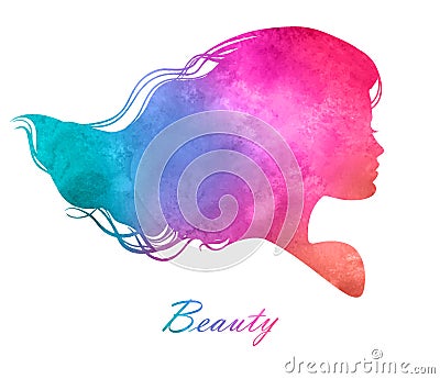 Silhouette head with watercolor hair.Vector illustration of woman beauty salon Vector Illustration