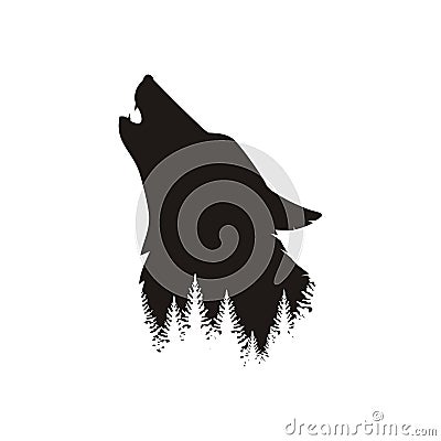 Silhouette of the head of a wild, lonely, howling wolf Vector Illustration