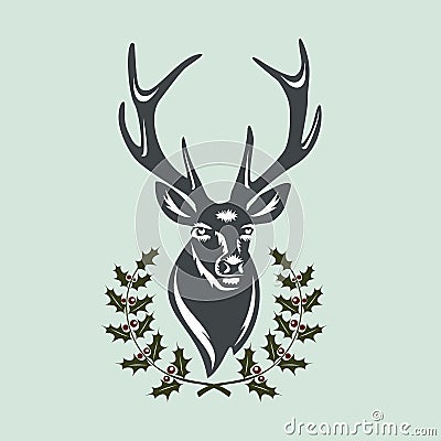 Silhouette of a deer head with big horns Vector Illustration