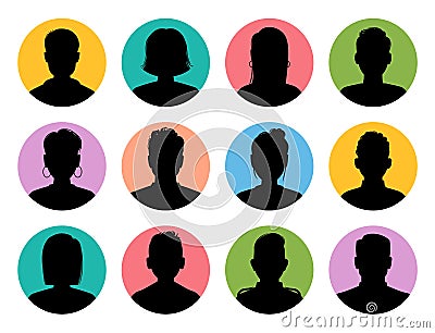 Silhouette heads. Male and female head silhouettes avatar, profile circle icons, woman and man social media anonymous Vector Illustration