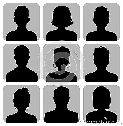 Silhouette heads. Male and female head silhouettes internet avatar, black icons gray square background, woman and man Vector Illustration
